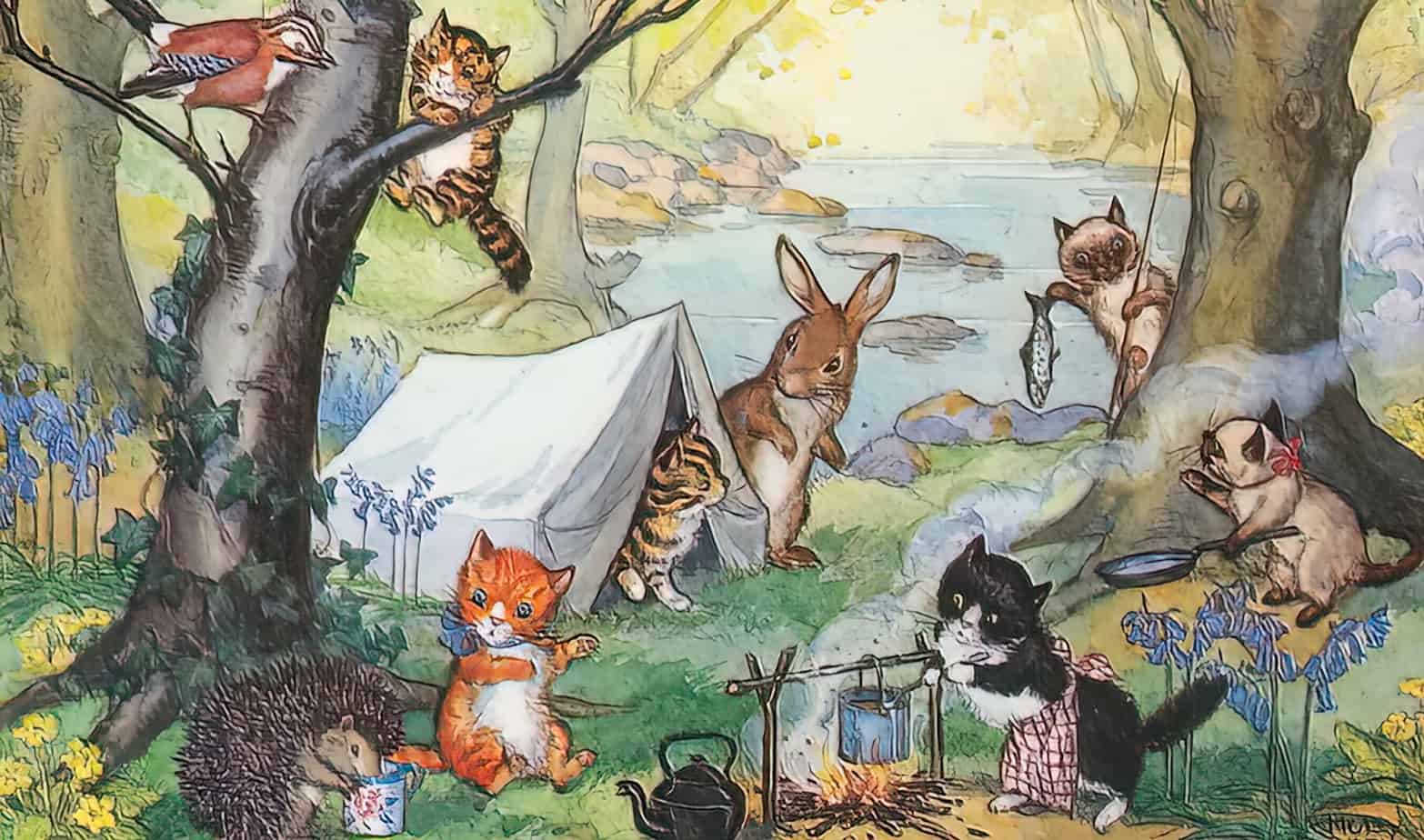 Molly Brett Postcard of cats camping and being visited by a hedgehog, rabbit, and bird