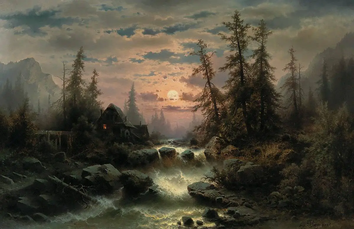 Mountain Stream in the Moonlight by Albert Rieger