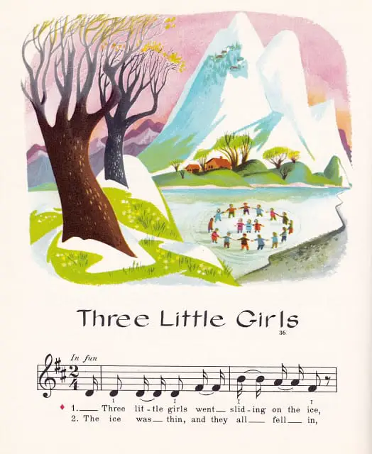 Music Round the Town edited by Max T. Krone, Irving Wolfe, Beatrice Perham Krone & Margaret Fullerton, illustrated by Val Samuelson (1963) Three Little Girls lake