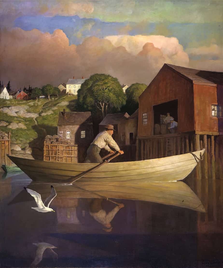 N.C. WYETH (1882-1945) The Doryman 1938. A 'dory' is a small flat-bottomed rowing boat with a high bow and stern, originally of a kind used for fishing in New England. A 'doryman' is a man who fishes from a dory.