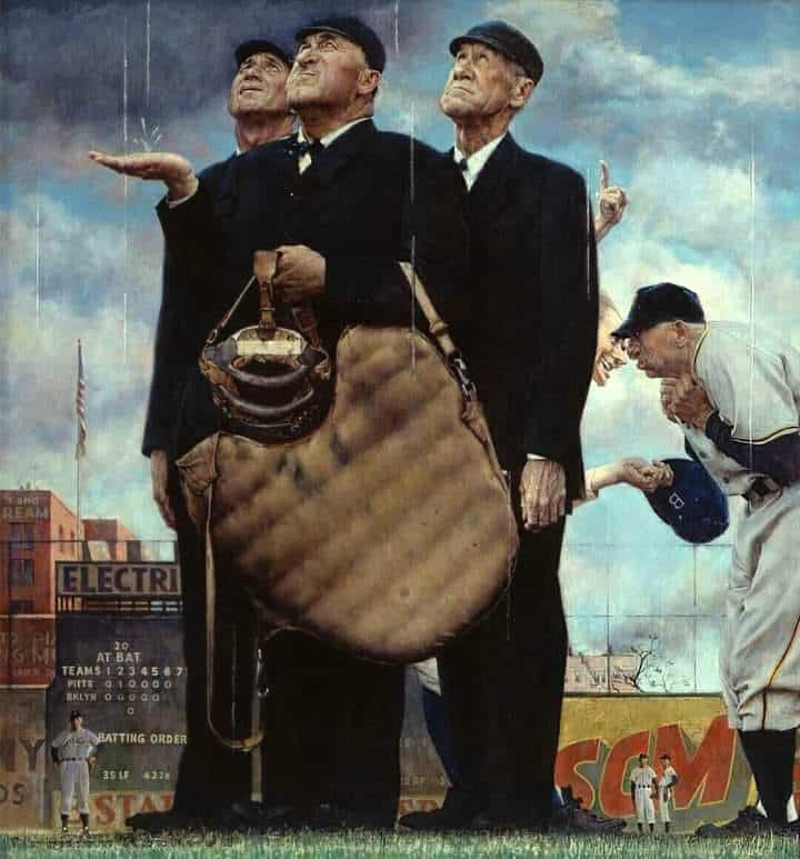 Norman Rockwell - Tough Call – also known as Game Called Because of Rain, Bottom of the Sixth, or The Three Umpires – 1948