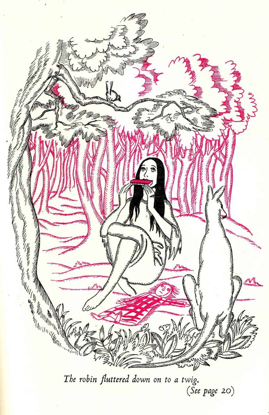 A woman plays a harmonica in a forest full of pink trunked trees. A kangaroo watches.