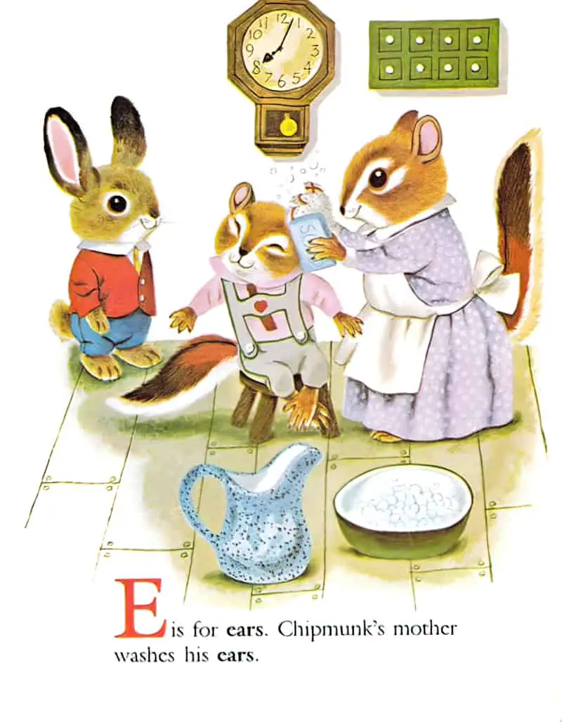 Richard Scarry's Chipmunk's ABC by Roberta Miller, illustrated by Richard Scarry (1963). A mother chipmunk washes her son's ears while a rabbit watches on.