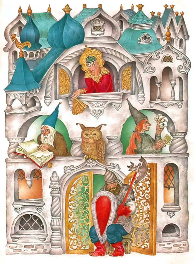 Stanislav Kovalev - Finist Yasny Sokol. This is an illustration of a house, but it's also a highly decorative full page in which the house functions equally as a border.