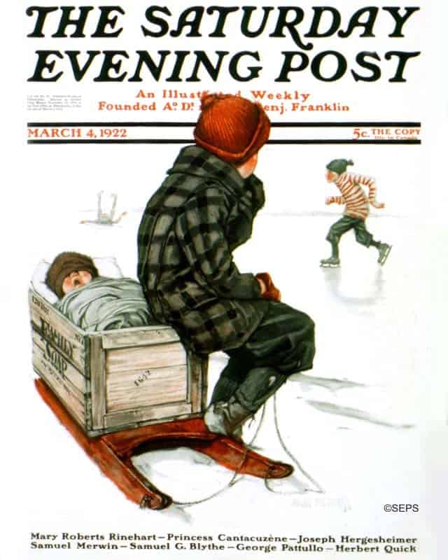 Stuck with Baby Brother art by Angus Macdonnal for The Saturday Evening Post 1922. A boy of about 10 babysits a younger sibling in a crate on a sled while another boy skates with glee in the background.