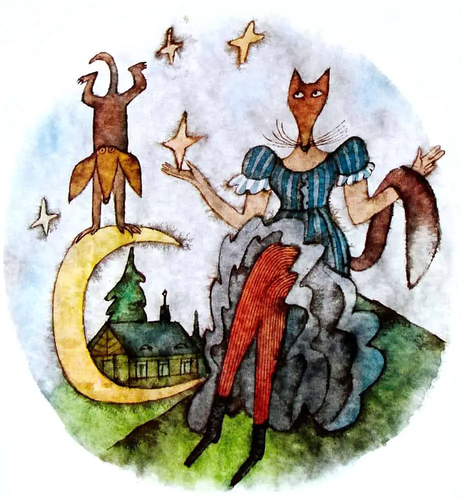 The Cunning Little Vixen by Rudolf Tesnohlidek. This illustration is a good example of how storytellers sometimes pull the moon down from the sky and interact with it as if it were an object on Earth.