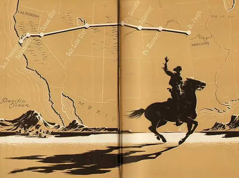 from The Pony Express (1950) Random House. In a single image we see a single scene which is part of a longer journey across the American Wild West.