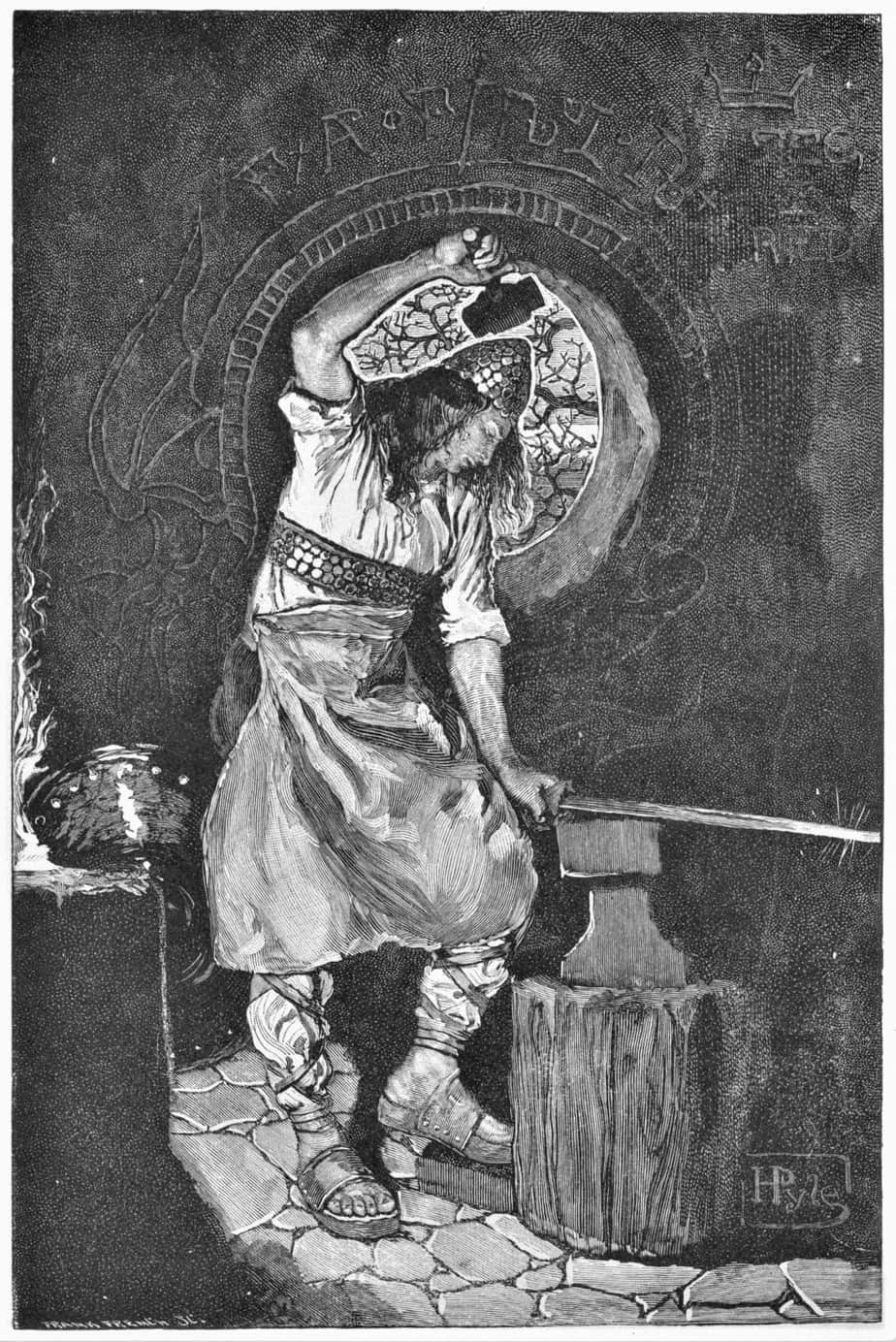 The Story of Siegfried illustrated by Howard Pyle (American, 1853-1911). A smith making his sword.