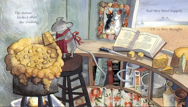 Three By The Sea by Mini Grey. A mouse makes fondue in the kitchen, surrounded by cheese and a cookbook.
