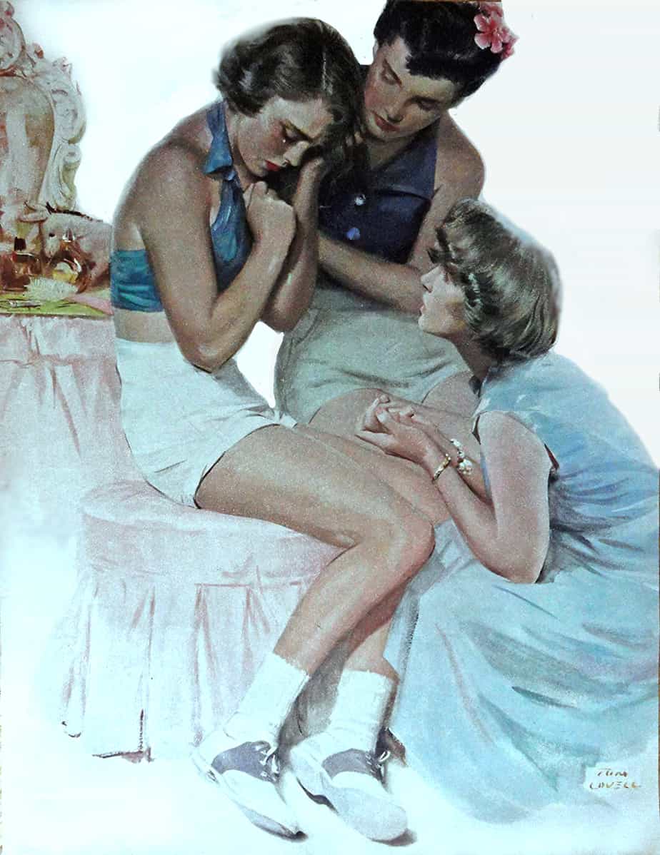 Tom Lovell, 50's Color Illustration,print art (woman crying, what has kindness got to do with it) 1952 Collier's Magazine