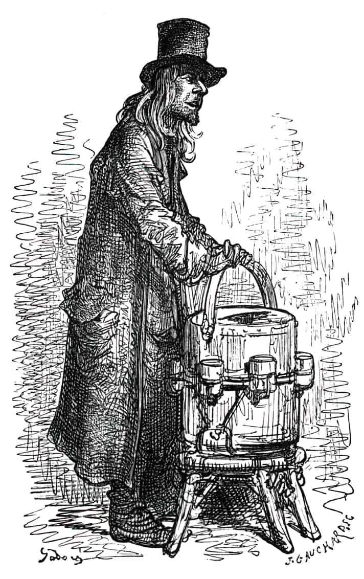 Victorian-Era lemonade vendor on the streets of London -- 1872. Illustration by Gustave Doré (1832-1883)