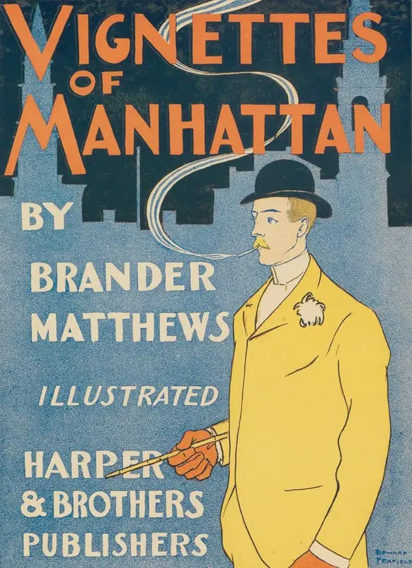 A man smokes on a poster advertising Vignettes of Manhattan by Brander Matthews.