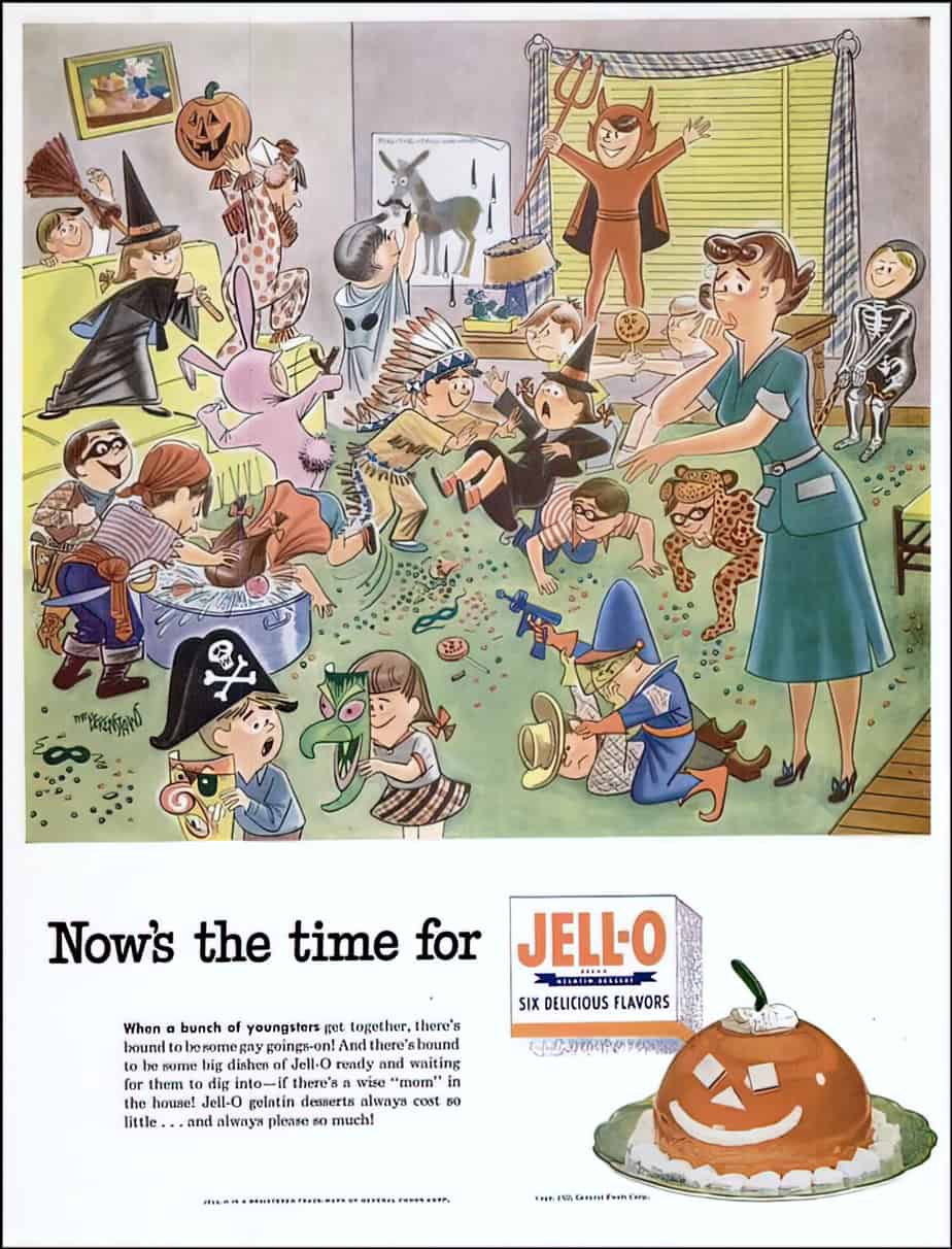 Magazine ad for Jell-O, 1952. Illustrated by Stan and Jan Berenstain, who you'll recognise from the Berenstain Bears. Now would make an absolutely terrible time for Jell-O, or anything sugary.