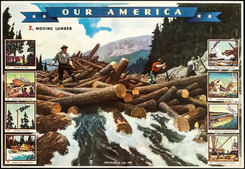 N.C. Wyeth, Breaking a Log Jam, Our America Teacher's Kit Charts 2 (Coca-Cola Bottling Company, 1943)