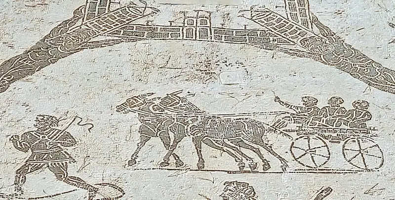 a mosaic of the Cisiarii of ancient Ostia, carriage