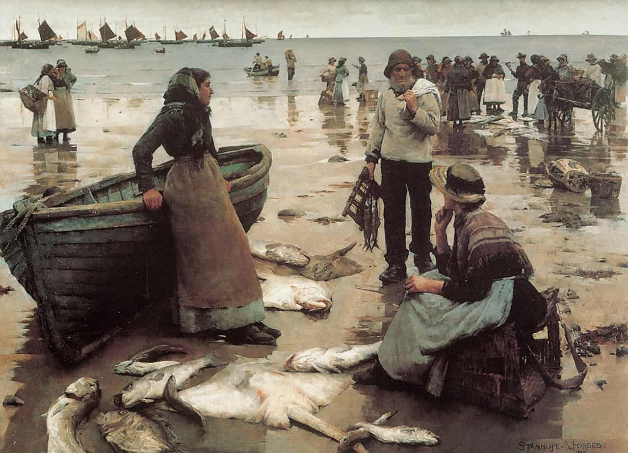 A Fish Sale on a Cornish Beach (1884-5) by Stanhope Alexander Forbes (1857–1947) Setting is on a beach near Newlyn, Cornwall