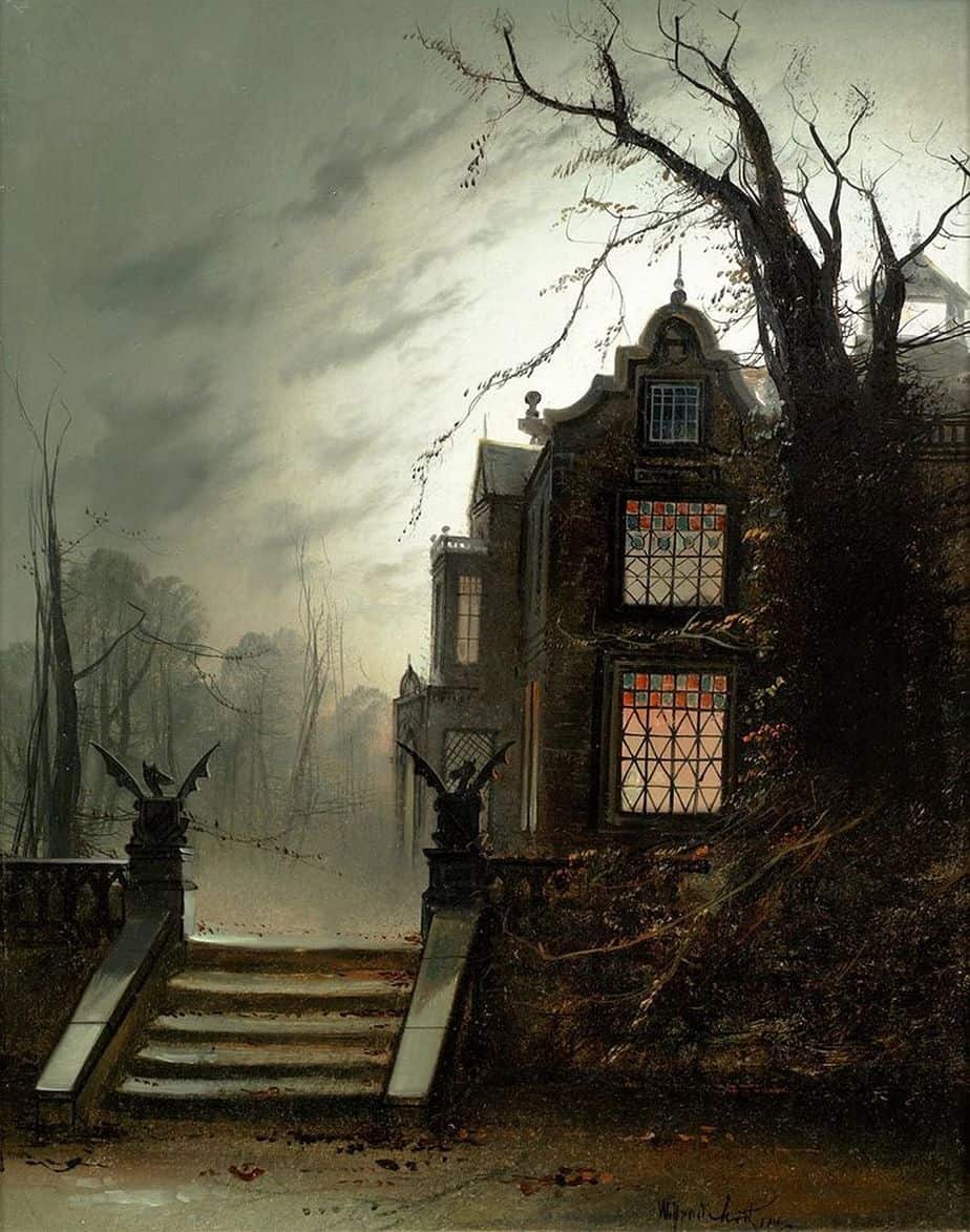 A country house by moonlight by Wilfred Jenkins (UK, 1857-1936) gothic
