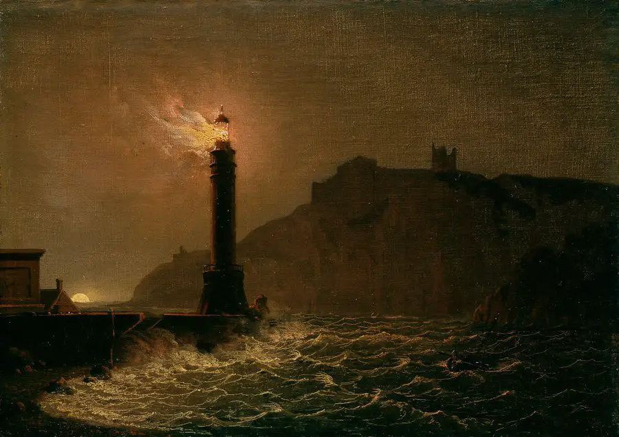 A lighthouse on fire at night (c. 1790) by Joseph Wright of Derby (English, 1734 - 1797)