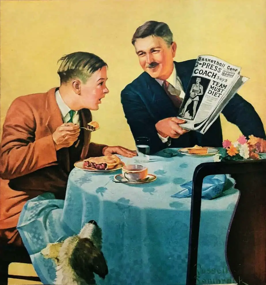 American Boy Vintage Magazine - January 1932. As a young man digs into pie, his father shows him a newspaper advertisement saying 'Team Must Diet'. 