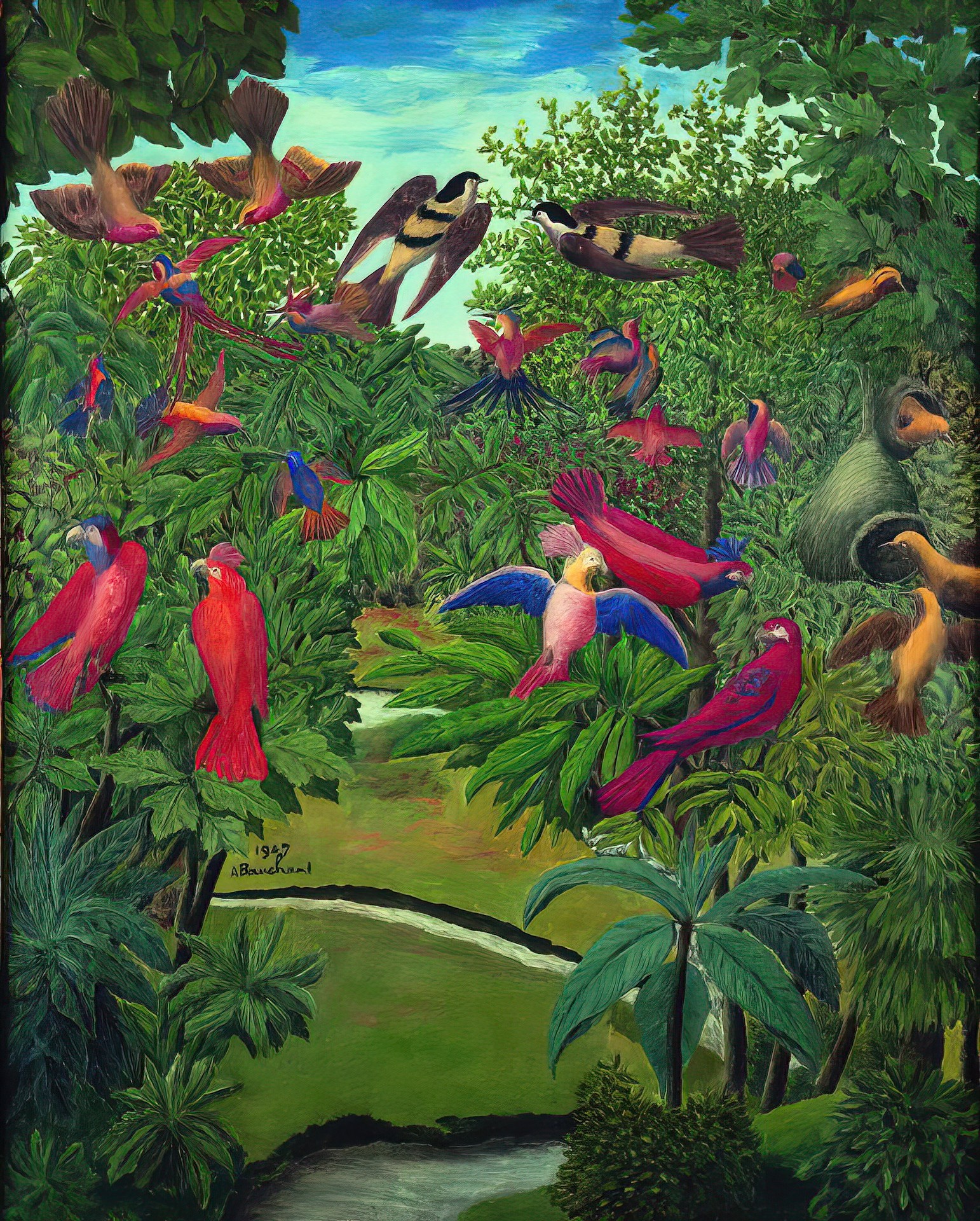 André Bauchant (self-taught French painter, 1873-1958), Exotic birds, 1947, oil on canvas (kitchen towel), 71 x 58 cm, Galerie Dina Vierny, Paris