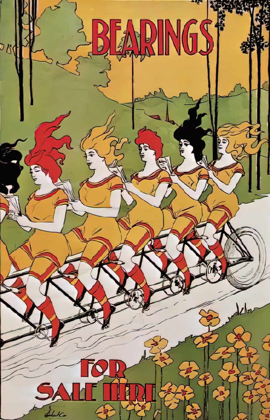 Charles A Cox illustration of young women on a bicycle with multiple seats