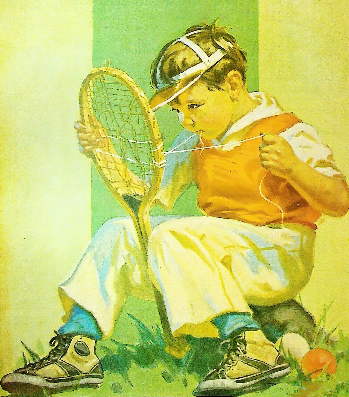 Country Home Magazine June 1933 Young boy badly stringing a tennis racket