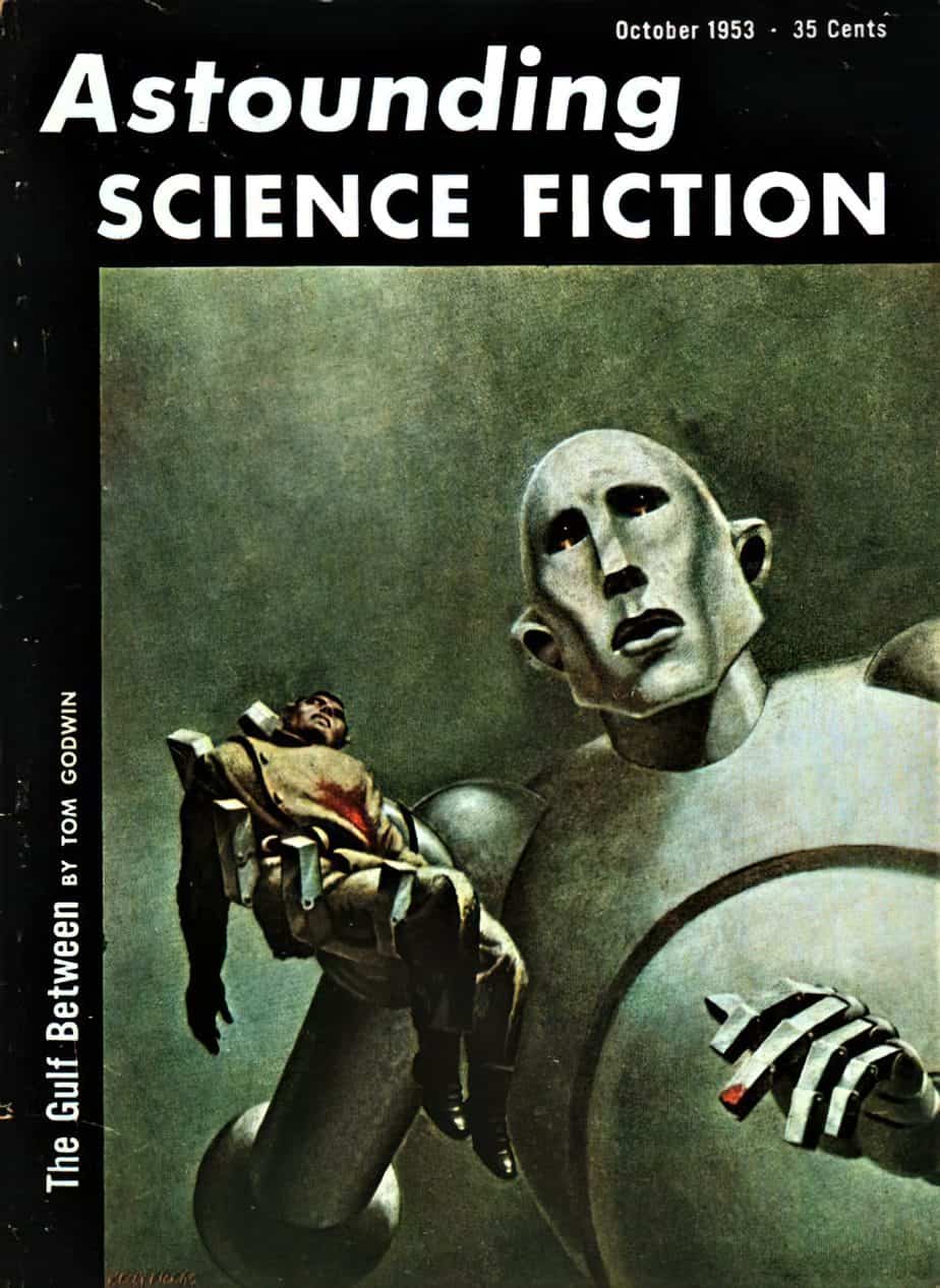 Cover by Frank Kelly Freas for October 1953 Astonding Science Fiction (illustrating The Gulf Between by Tom Godwin} 1953