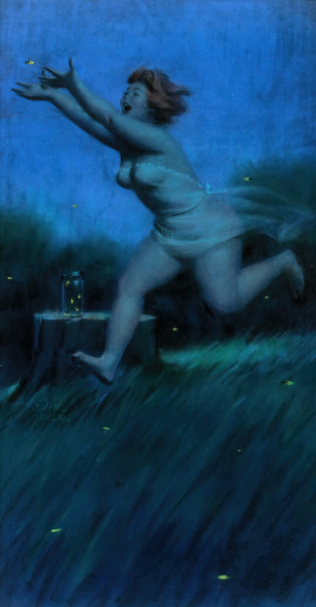 DUANE BRYERS (American, 1911-2012) Hilda Chasing Fireflies at Nightfall, Brown & Bigelow