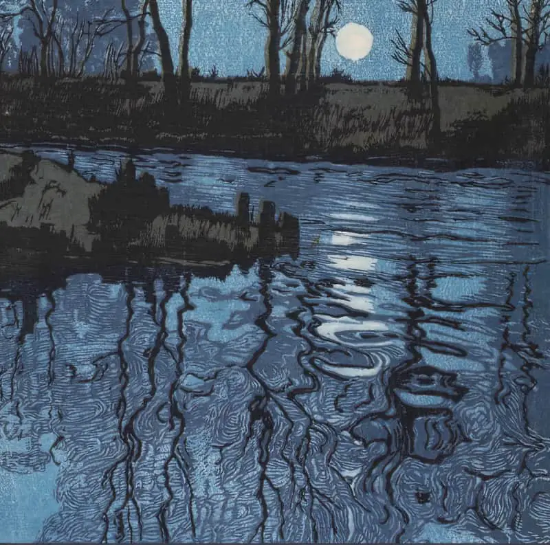 'Der Blaue Weiher (The Blue Pond)', by Hugo Henneberg, linoleum cut on four plates on Japanese paper, 1904 water