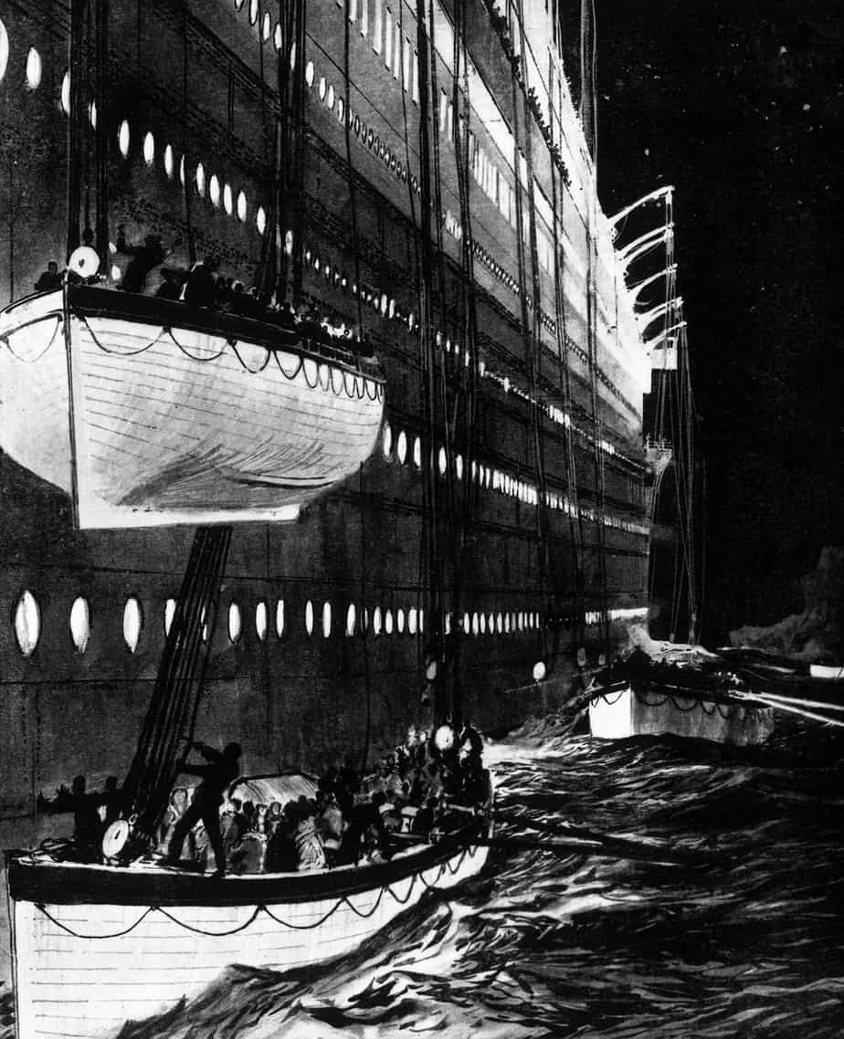 Douglas Macpherson (1871 - 1951) April 1912 illustration showing the lowering the lifeboats on the SS Titanic after the liner collided with an iceberg. Original publication from a page of The Graphic