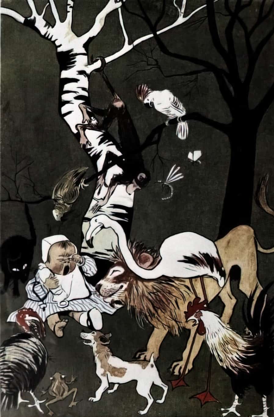 El rey de la creacion, por Sancha, 1904, Madrid, baby in a forest, surrounded by helpful animals.