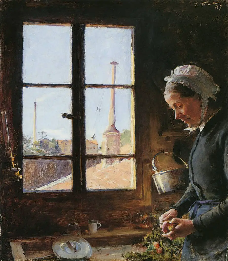 Émile Friant - Portrait de sa mère épluchant un navet, devant une fenêtre 1887 kitchen