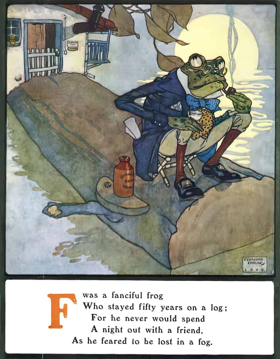 Fanciful frog limerick with illustration by Edmund Dulac