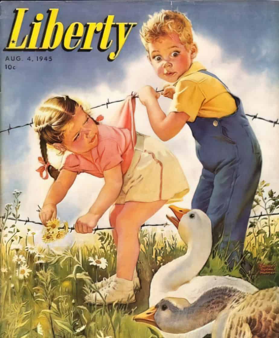Frances Tipton Hunter (1896 – 1957, American artist) 'Liberty' cover, 1945 . This barbed wire subverts the usual symbolism.