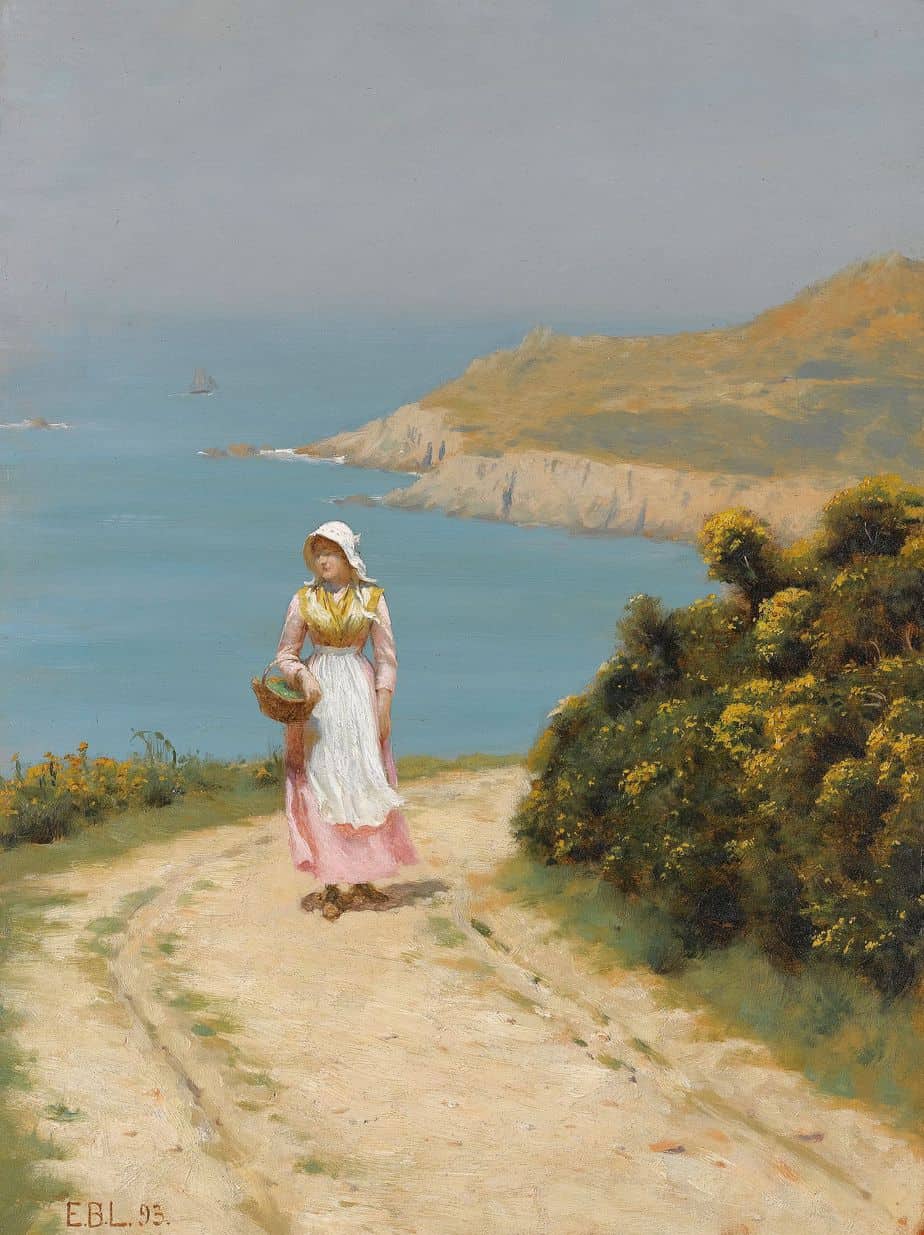 Girl On A Coastal Path (1893) by Edmund Blair Leighton (British, 1853-1922)