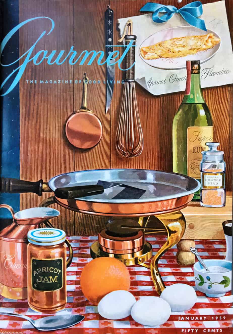 Gourmet Magazine January 1959 with Apricot Jam, Eggs, and a Shiny Pan