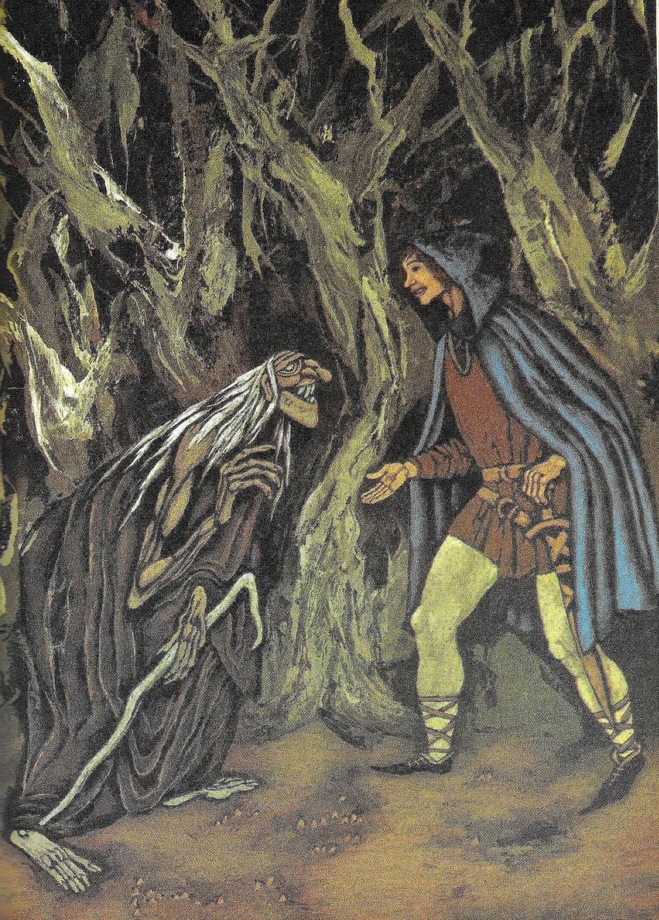 Gustaf Tenggren, Canterbury Tales, 1968 witch in the woods. These are human shaped feet but have a chickeny look about them.
