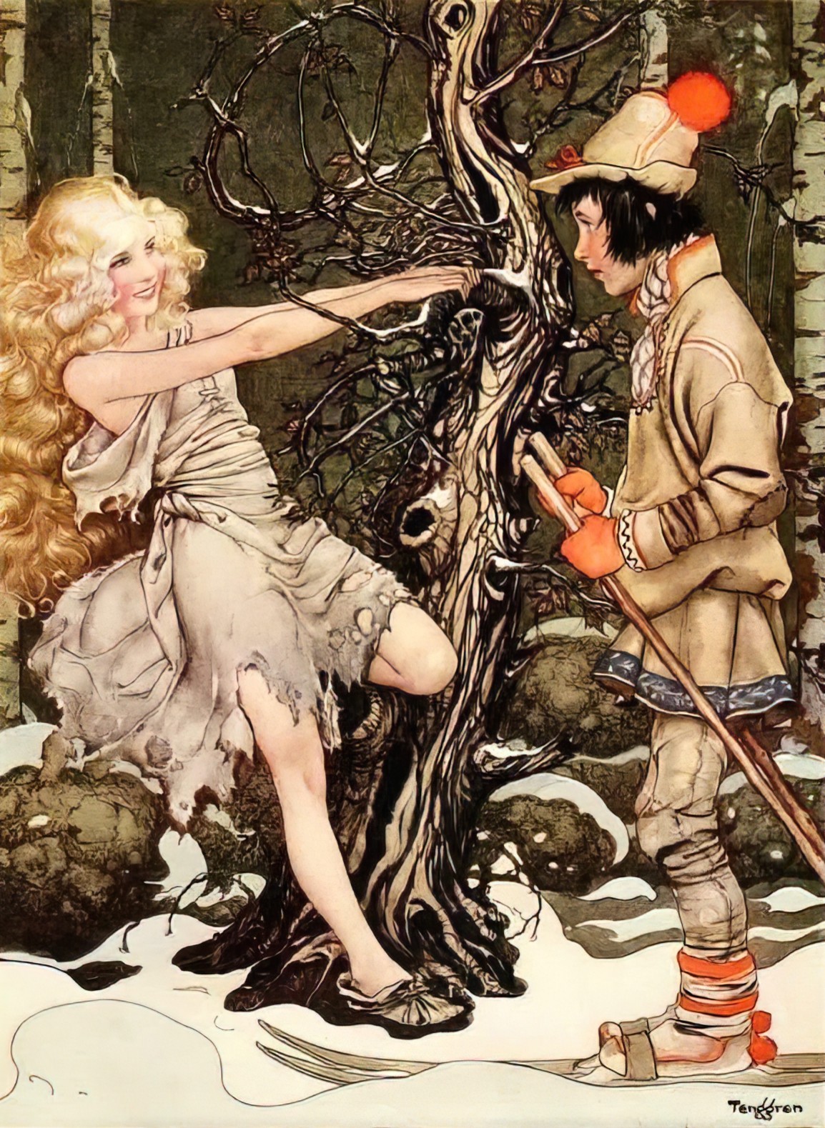 Gustaf Tenggren for Sven The Wise and Svea The Kind by Alicia O'Reardon Overbeck 1932. The Siren of the Woods is luring a Lapland boy