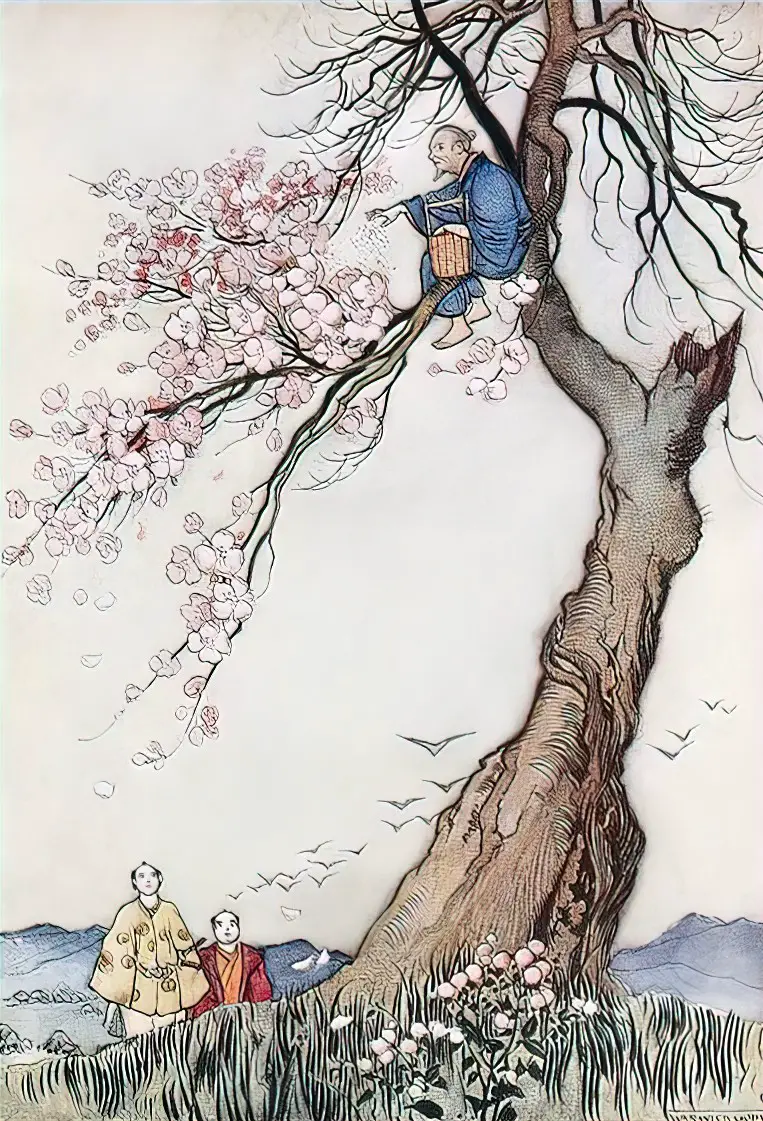 Hana-Saka-Jiji  book illustration by Warwick Goble for Green Willow and Other Fairy Tales, 1910