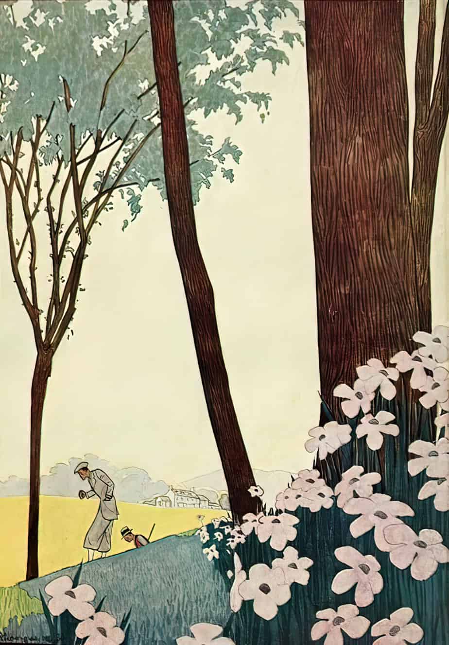 House & Garden Magazine October 1930. Two men hunt for something, but who knows what? Are we supposed to think that's a gun? The flowers in the foreground suggest instead a rake. They are probably hunting for flowers.