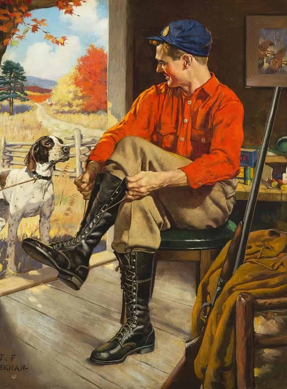 Hunter In Camp, With Pointer 1948 by Joseph Francis Kernan, who unfortuanately was called "the poor man's Norman Rockwell".