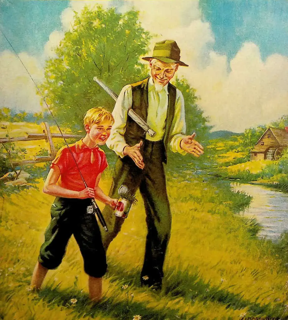 An old man boasts about a big fish to a boy carrying a fishing line and a can of worms.