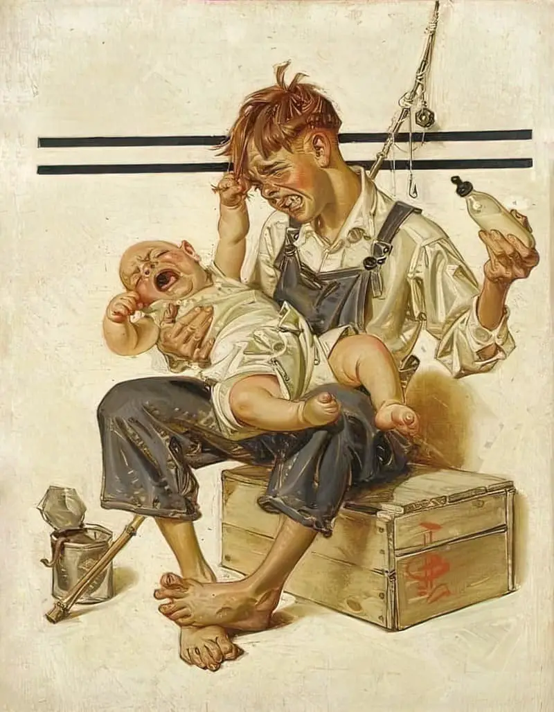 Illustrator, Joseph Cristian Leyendecker (pronounced Loin-decker). (1874-1951). A boy cares for a baby, but isn't managing. Caring for babies isn't 'natural' for boys, ergo a boy with a baby is a comedic scene.