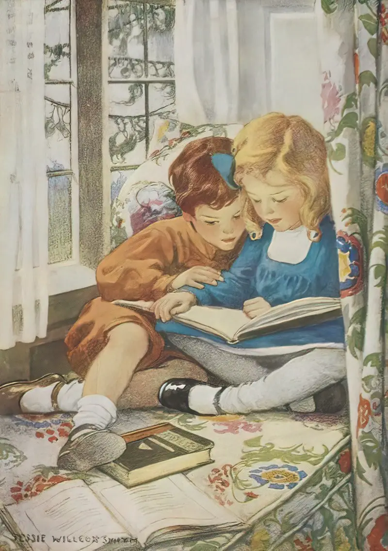 Jessie Willcox Smith (September 6, 1863 – May 3, 1935) boy and girl reading