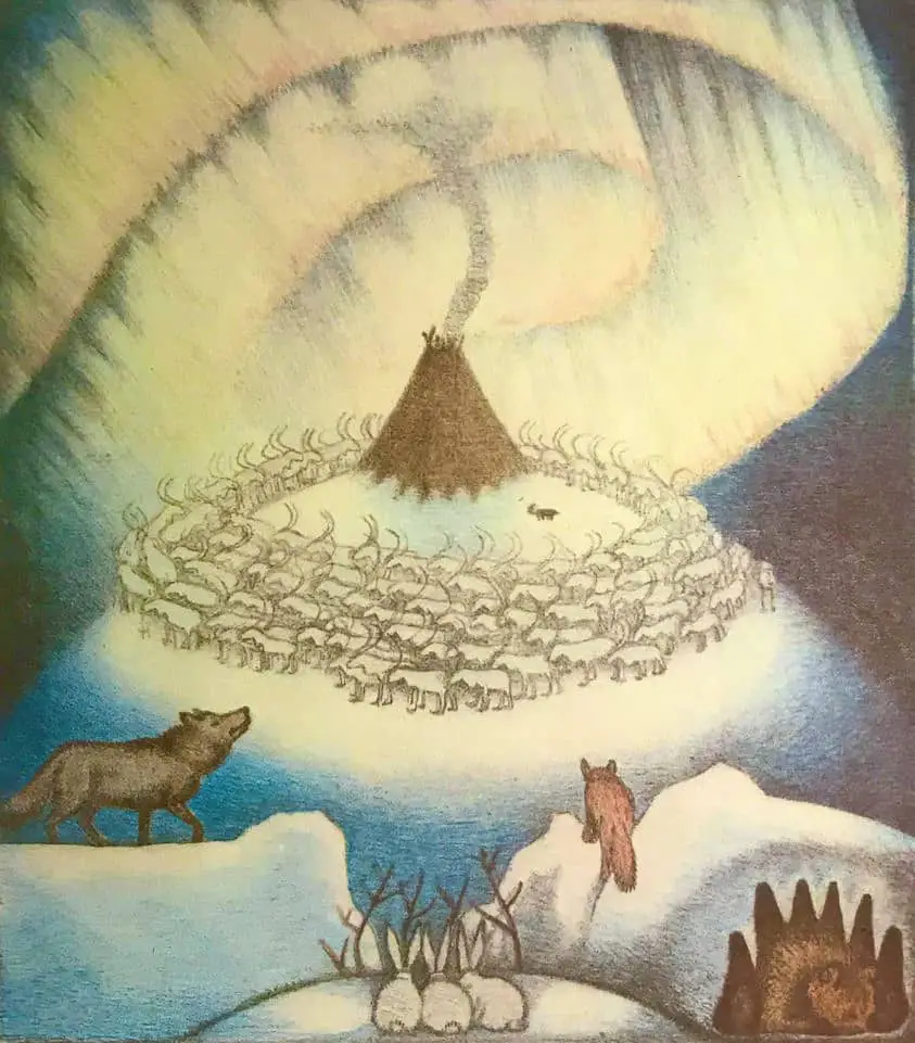 Kinder des Nordlichts, 1957, I. & E. Parin D'Auliar depicting the Lapps who herded reindeer, wide awake wild animals and the Northern Lights