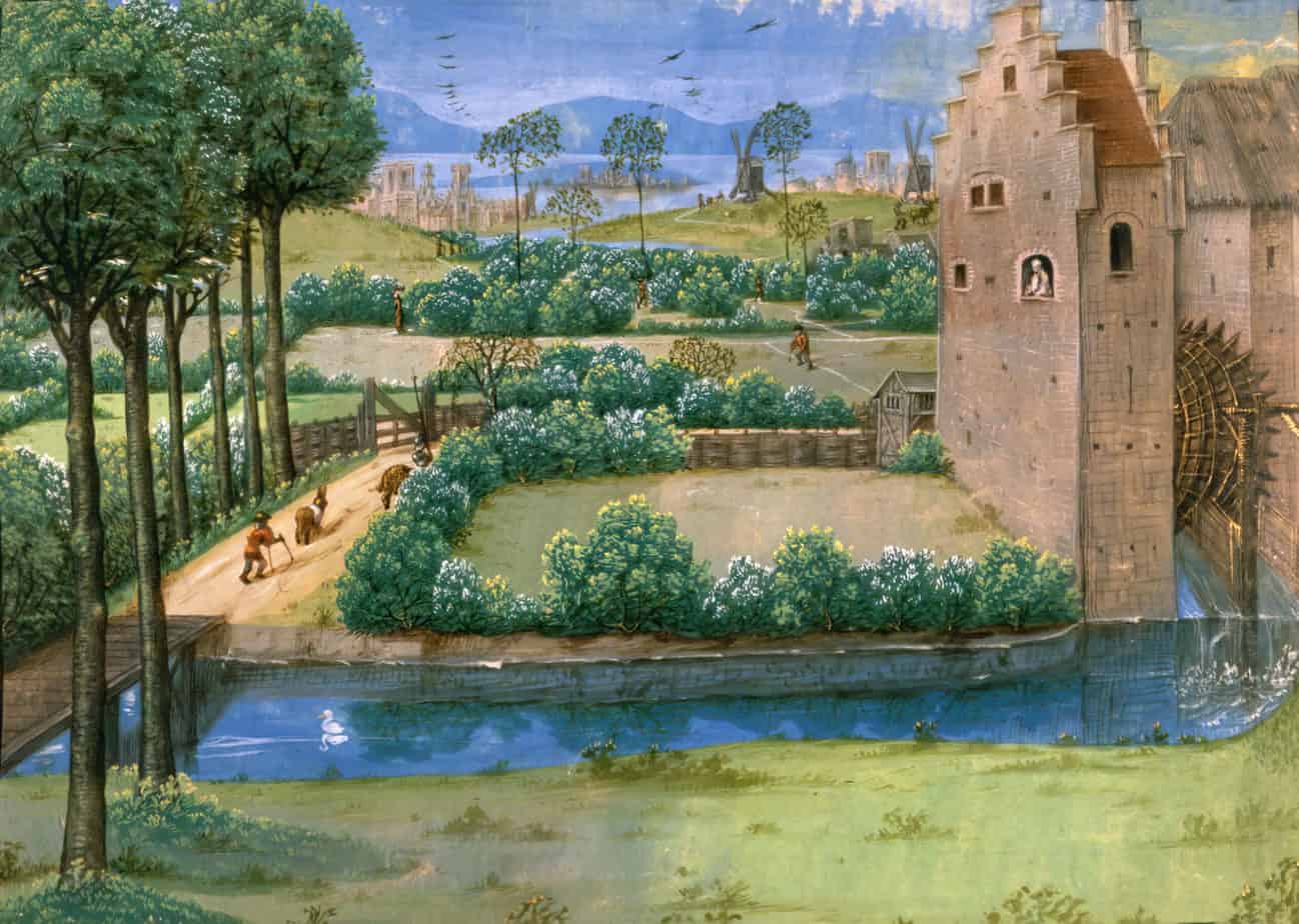Landscape With A Watermill from the 15th century, found in Le Tresor des Histoires, a universal history from the Creation to the time of Pope Clement VI.