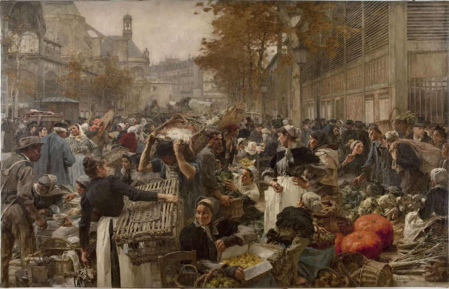 Les Halles (1895) by Léon Lhermitte (French, 1844-1925). Historic marketplace in Paris