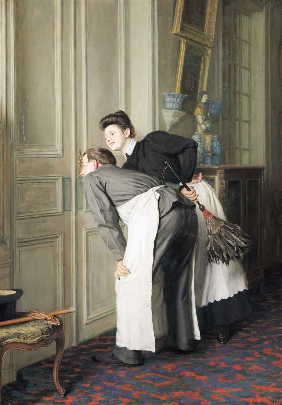 Madame Has a Guest (1908) by Rémy Cogghe (Belgian, 1854-1935) eavesdropping