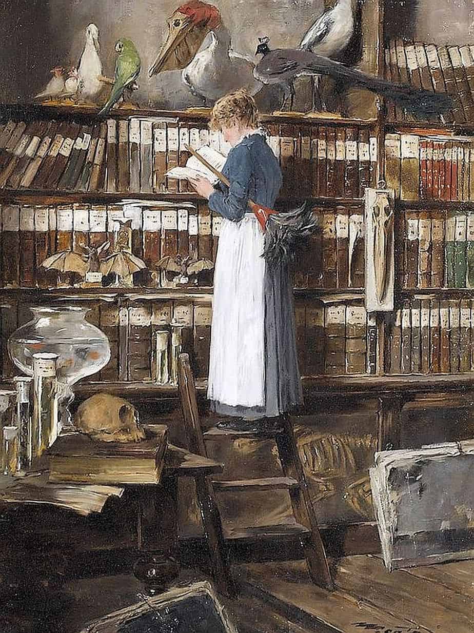 Maid Reading in a Library by Edouard John Menta (Swiss, 1858-1915)