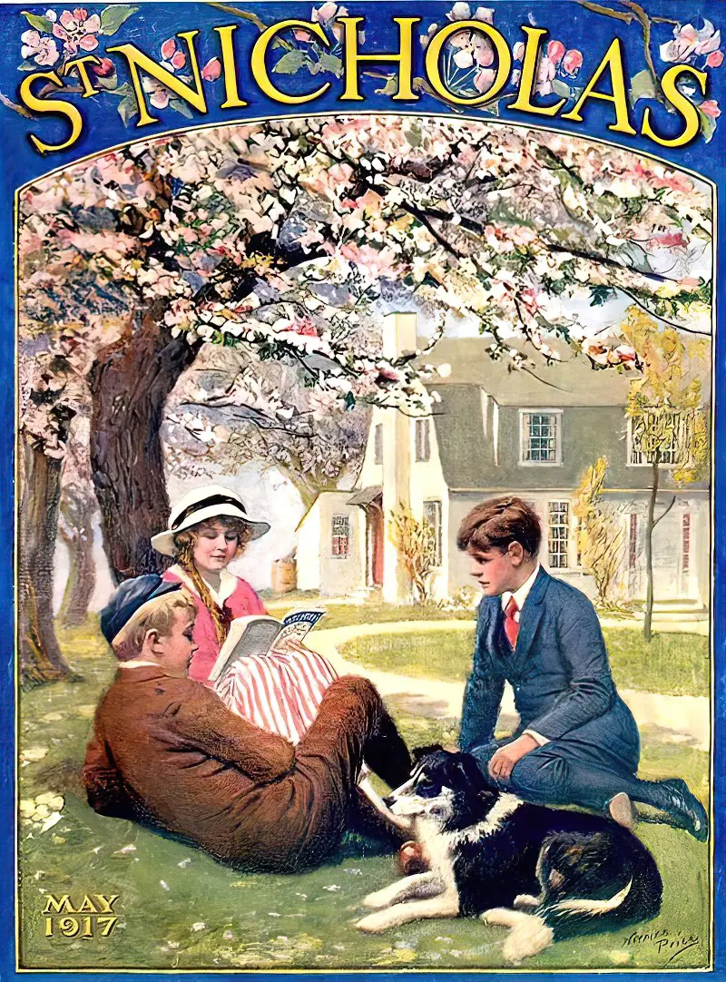 Two boys, a girl and a border collie are sitting under a blossoming tree with a house in the near distance. The girl reads.